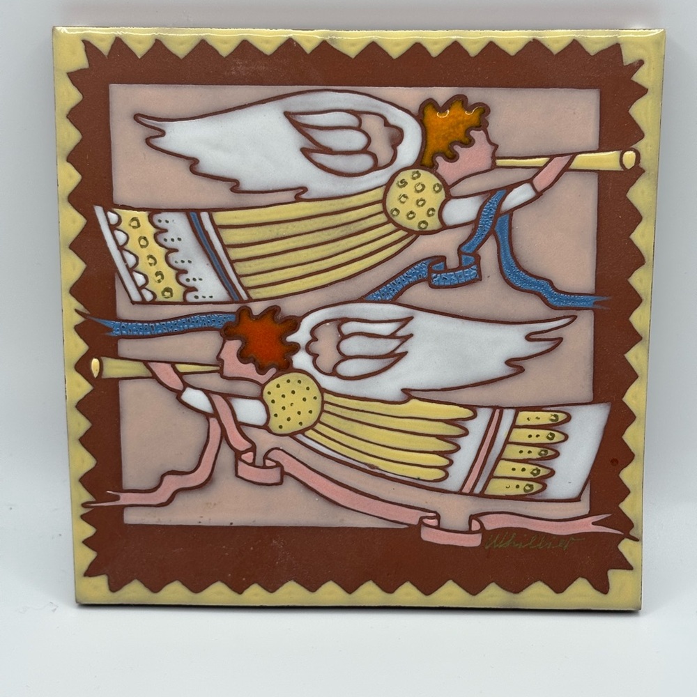 VTG 1995 Studio Tile Hand Painted Artist Signed Angels & Trumpets Folk Art 6X6”